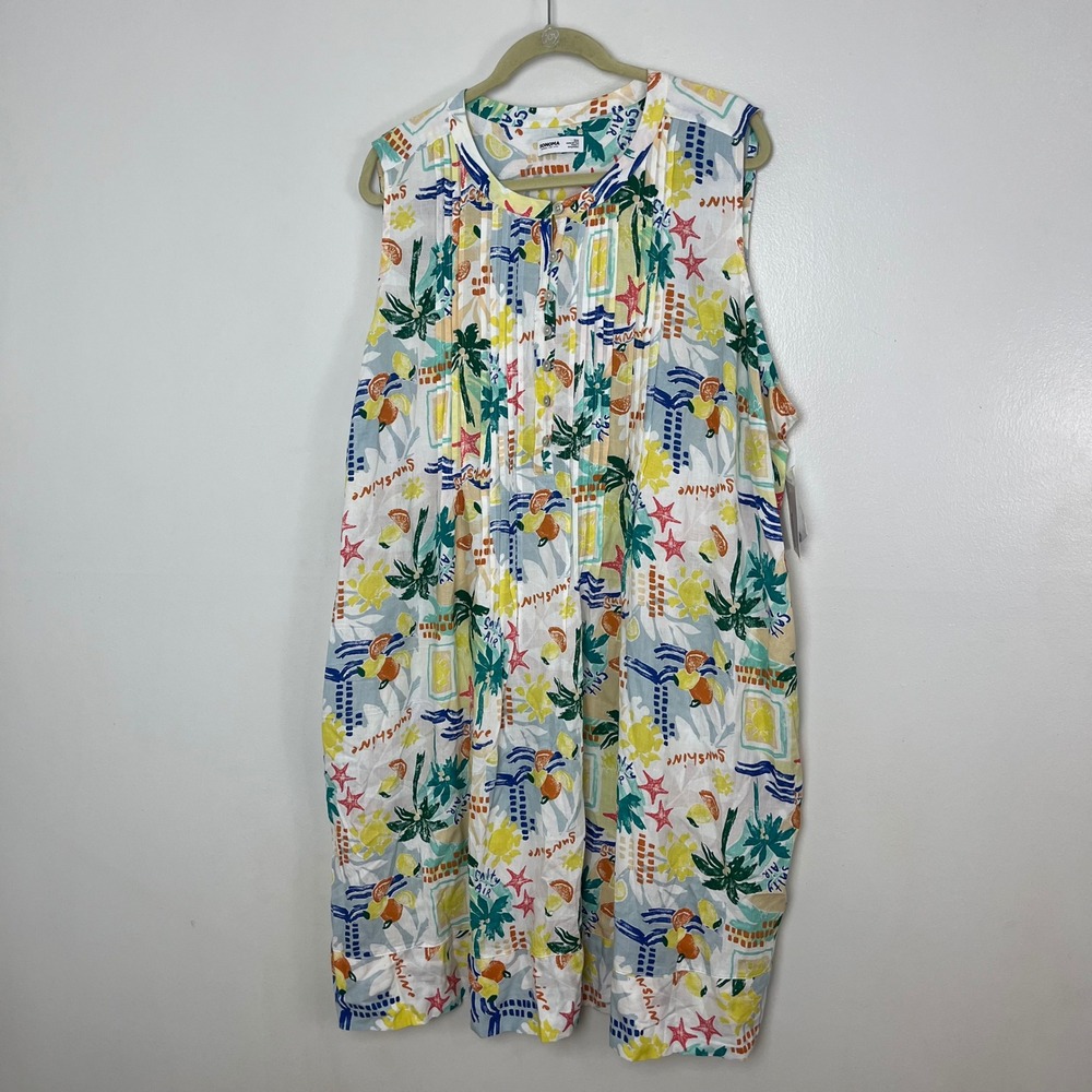 Sonoma Linen Tropical Coastal Dress Womens 3X White NEW knee‎ length